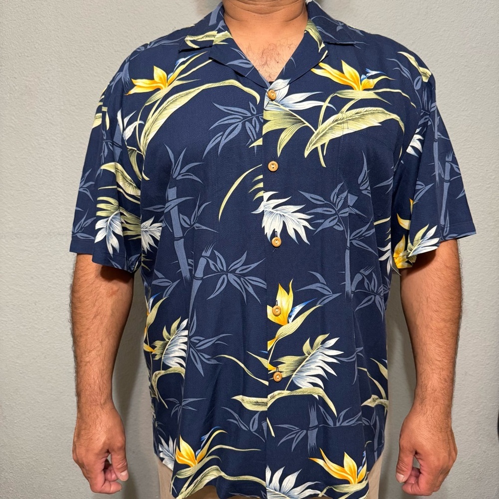 Paradise Found Men Bamboo Paradise Navy Hawaiian‎ Floral Collared Shirt Sz XL